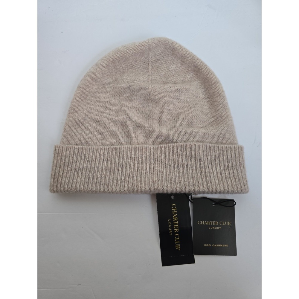 Charter Club Luxury 100% Cashmere Cuffed Beanie  CC Pearl Taupe Heather Hat NWT